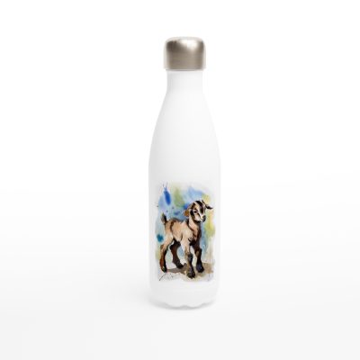 Just Kidding Around White 17oz Stainless Steel Water Bottle with goat illustration